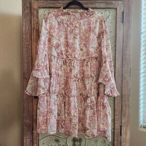 Fleastyle Tiered Sheer Floral Ruffled Bell Sleeves Mini Dress | XL